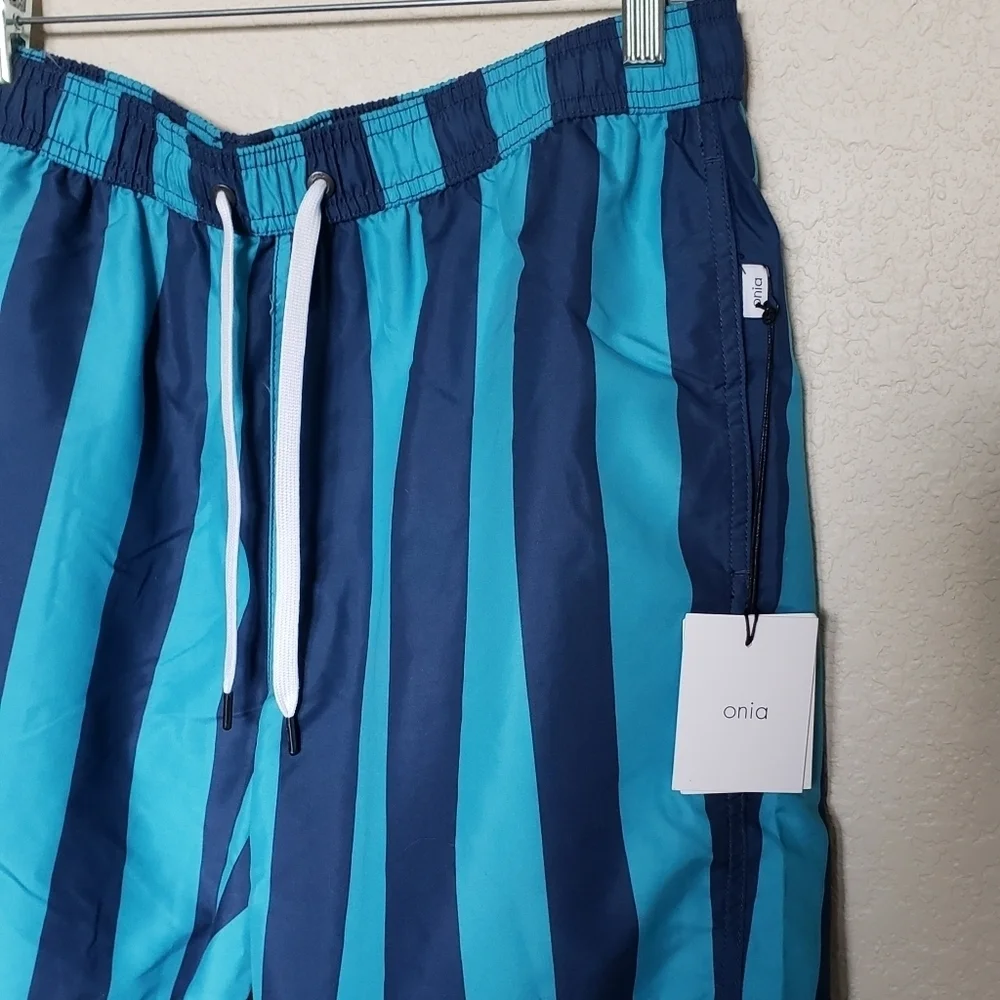 Onia Charles Stripe Print Swim Trunks Teal NWT Men's